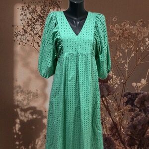 A New Day Green Sundress with V-Neck and 3/4 Bishop Sleeves